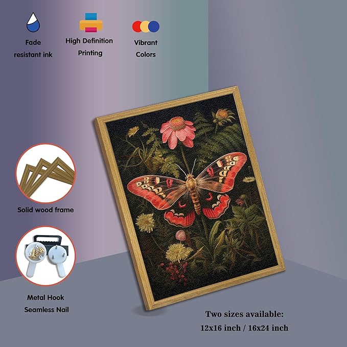 SAMHOU Framed 3D Textured Butterfly Wall Art, Hand Drawn Sandstone Butterfly Wall Decor, Vintage Nature Botanical Flower Pictures for Living Room Bedroom Office Home Decor 16x24 inch