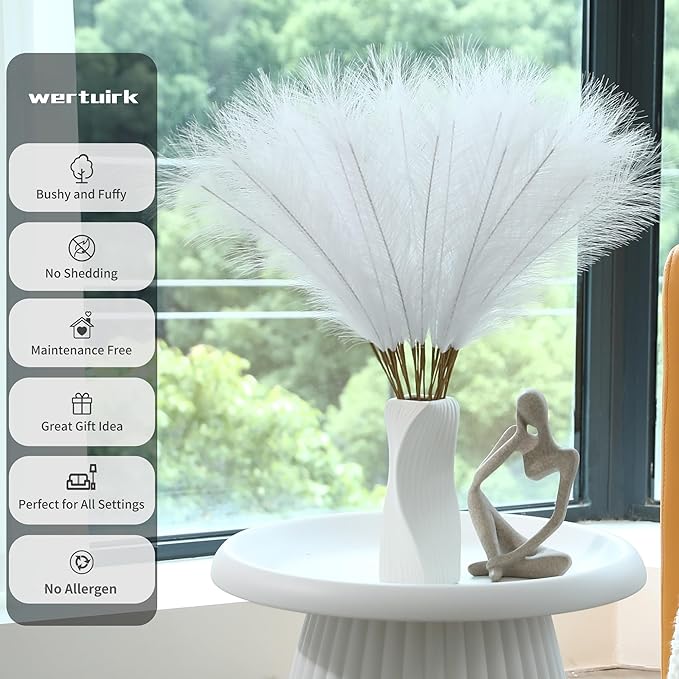 60pcs White Pampas Grass - 24 Inch Faux Pampas Grass Decor, Artificial Tall Pompas Grass for Wedding Flower Arrangement, Party Decorations, Christmas and Home Decor (White)
