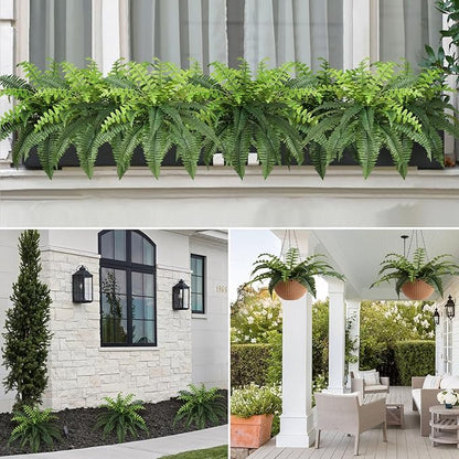 Luyue Fake Ferns Artificial Plants Sets of 2, 25" Artificial Boston Ferns for Outdoors Realistic Large Faux Fern Bush with 24 Fronds Hanging Plant for Front Porch Patio Outdoor/Indoor Home Decor