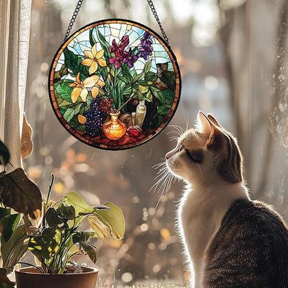 Stained Glass Window Hanging Berry Plant Purple Yellow Flowers in Vase Large 11.8" - Suncatcher Door Garden Sun Catcher Home Decor Birthday Christmas for Mom Men Woman Nana