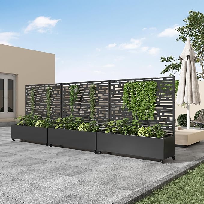 Casaphoria Raised Garden Bed Metal Planter Box with Trellis, 47"x47"x16" for Outdoor Climbing Plants, Flowers Vegetables and Vines Privacy Screen with Wheels and Drainage Holes(Black Street)