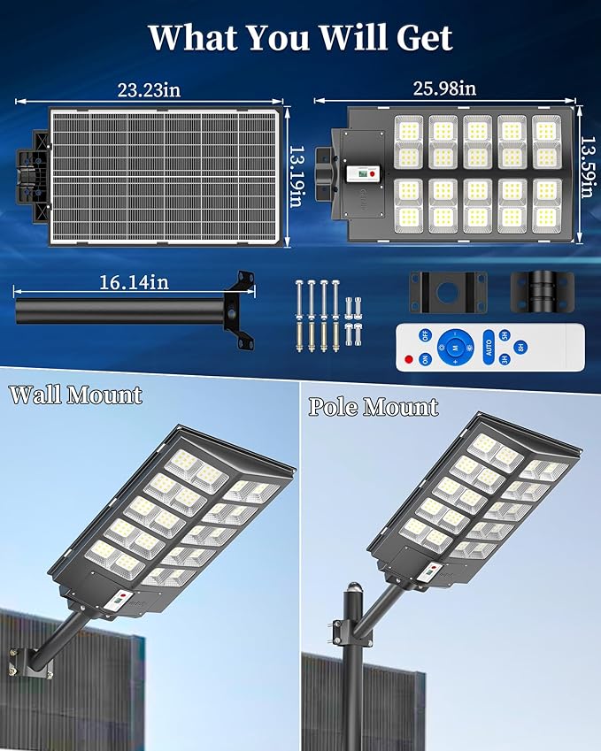 Gefolly SL-6200W Solar Street Light Outdoor 620000LM Wide Angle Commercial Parking Lot Lights Dusk to Dawn 6500K Flood Security Light IP67 Lamp for Basketball Court, Yard, Road