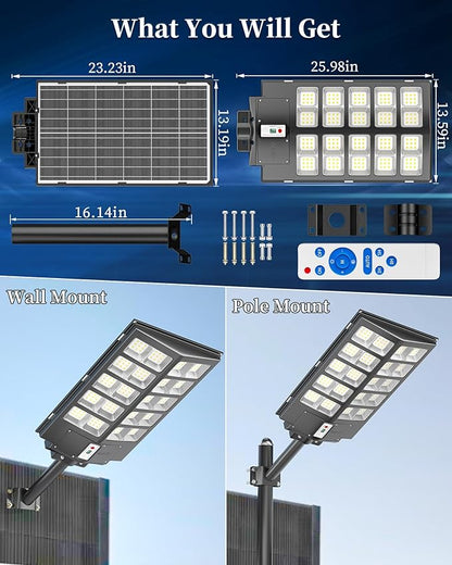 Gefolly SL-6200W Solar Street Light Outdoor 620000LM Wide Angle Commercial Parking Lot Lights Dusk to Dawn 6500K Flood Security Light IP67 Lamp for Basketball Court, Yard, Road