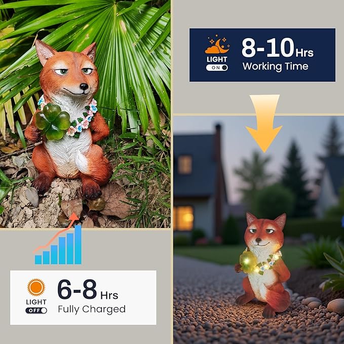 Solar Red Fox Garden Statue 12 Inch, Whimsical Woodland Animal Resin Garden Decor w/ Four-leaf Clover Light, Collectible LED Guardian Fox Outdoor Yard Ornaments for Spring St.Pactrick's Mom Gifts