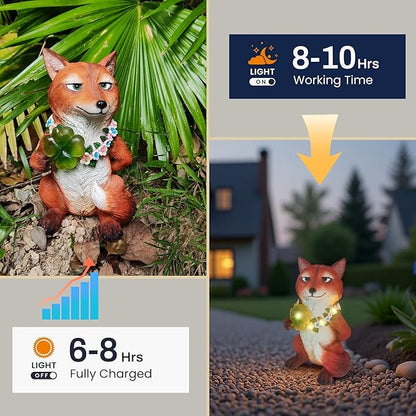 Solar Red Fox Garden Statue 12 Inch, Whimsical Woodland Animal Resin Garden Decor w/ Four-leaf Clover Light, Collectible LED Guardian Fox Outdoor Yard Ornaments for Spring St.Pactrick's Mom Gifts