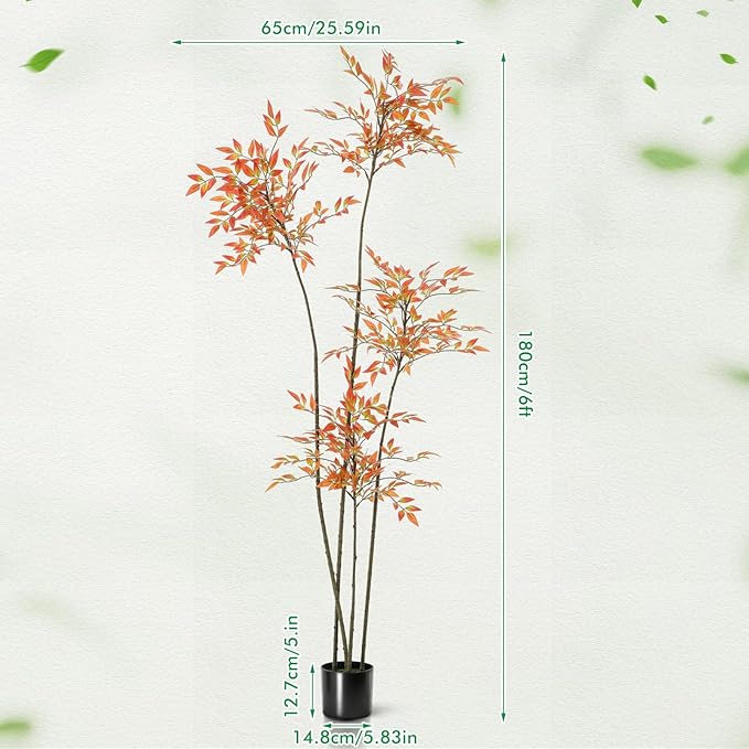 Giegxin 6ft Faux Bamboo Tree Indoor Artificial Nandina Tree Realistic Large Fake Plants Potted Planter Tall Foliage Floor Plant for Home Office Corner Room Decor Greenery Housewarming Gift (Red)