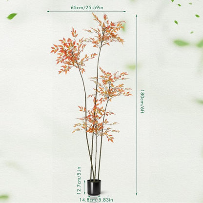 Giegxin 6ft Faux Bamboo Tree Indoor Artificial Nandina Tree Realistic Large Fake Plants Potted Planter Tall Foliage Floor Plant for Home Office Corner Room Decor Greenery Housewarming Gift (Red)
