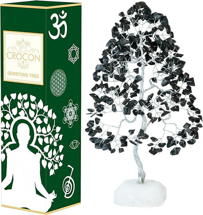 Black Tourmaline Gemstone Tree of Life Quartz Base Chakra Tree for Positive Energy, Handmade Crystal Tree Feng Shui Decor Money Tree Bonsai Good Luck Black Healing Crystals Spiritual Fathers Day Gift