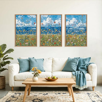 Large Blue Seaside Wildflower Framed Canvas Wall Art,Modern Nature Ocean Wall Decor,Rustic Sky Printing,White Cloud Landscape Artwork for Living Room,Bedroom,Dining Room-16"x24"x3