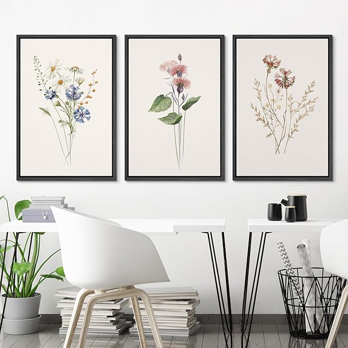Ashbrook Framed Canvas Print Wall Art Set Pastel Flower Variety Nature Wilderness Illustrations Modern Art Decorative Floral Botanical Minimal Calm/Relax/Cozy for Bedroom - 16"x24"x3 Black