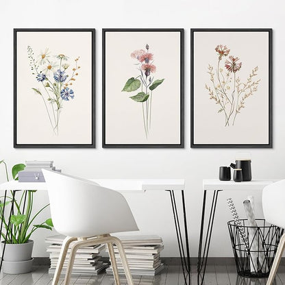 Ashbrook Framed Canvas Print Wall Art Set Pastel Flower Variety Nature Wilderness Illustrations Modern Art Decorative Floral Botanical Minimal Calm/Relax/Cozy for Bedroom - 16"x24"x3 Black