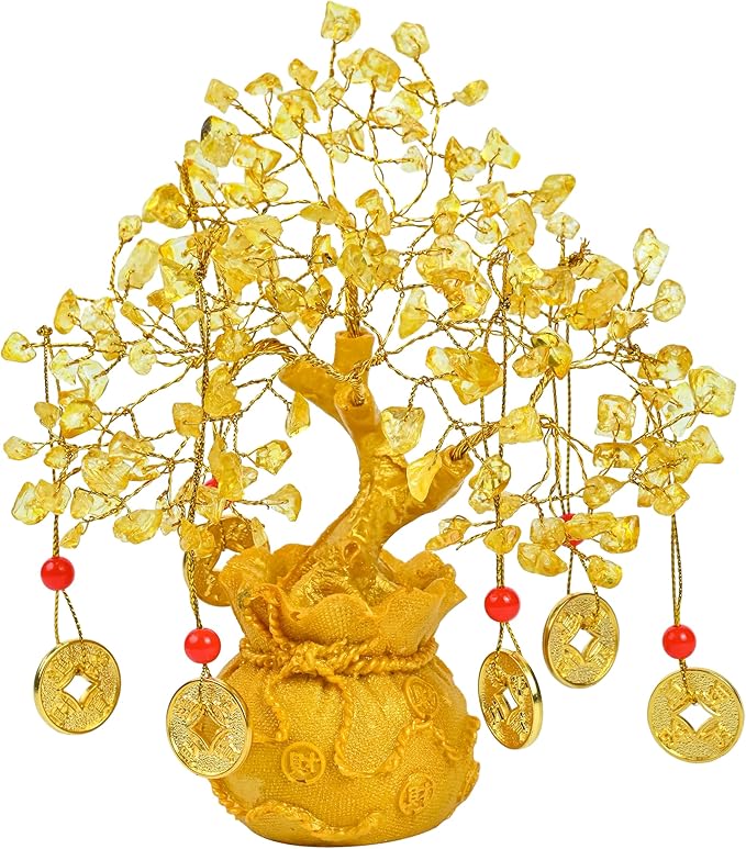 Citrine Crystal Tree with Artificial Coin Pot Base Bonsai Tree for Home & Office Decor Good Luck 6 Feng Shui Coins Money Tree Yellow Crystal Spiritual Gifts for Women Mom Sister Desk Bookshelf Decor