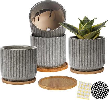 OMAYKEY 5.25 Inch Ceramic Plant Pot with Saucer, Creative Stripe Grey-Green Planters Pots with Drainage Hole and Mesh Pads for Succulent, Cactus, Herbs - Set of 4