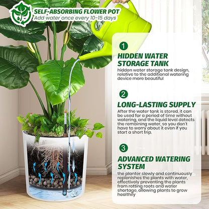CABIHOME Self-Watering Planters Set of 2, 19.5 Inch Tall with Drainage, Water Monitor & Wheels, High Circular Flower Pot, Easy Move, Indoor Outdoor Pots for Porch, Living Room & Office, White