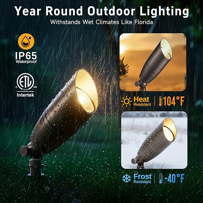 Gardenreet Low Voltage Spot Lights - Solid Brass Landscape Spotlight Wired, 12V Outdoor LED Uplights Waterproof, Electric Bronze Adjustable Focus for Patio Wall Without MR16 Bulb (6 Pack)
