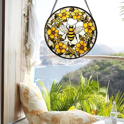 Stained Glass Window Hanging - Yellow Flowers Surrounded by Bees Sun Catcher for Door Garden Home Decor Cute Suncatcher Christmas Mother's Day Birthday Gifts for Women Men Mom Nana 15 in