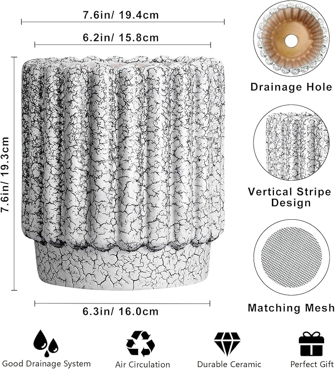 Ceramic Pots for Plants - 7.6 Inch Ceramic Planter with Drainage Hole, Round Flower Pots for Indoor Plants, Fluted Planter Outdoor, Garden Decor, Birthday Gifts, Black and White