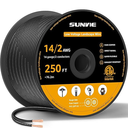 SUNVIE 14/2 Low Voltage Landscape Lighting Wire 250FT with Spool Outdoor Landscape Cable 14 Gauge 2 Conductors Low Voltage Wire for Landscaping Lights, ETL Listed, Pure Copper, Outdoor Direct Burial