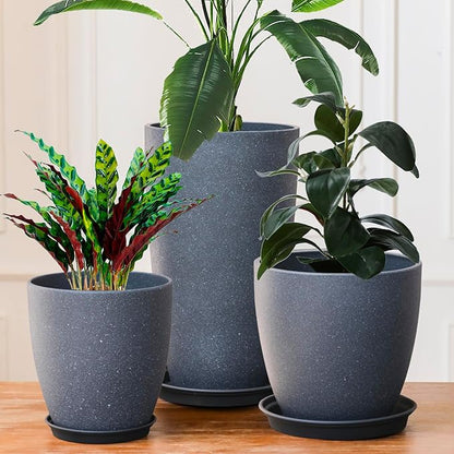 Garden Decorative Planters Plastic Tall Round Flower Pots with Drainage Hole & Saucer Cement Grey Surface Painting Robust & odourless, Modern Plant Pots for Porch Patio and All HousePlants Set of 3