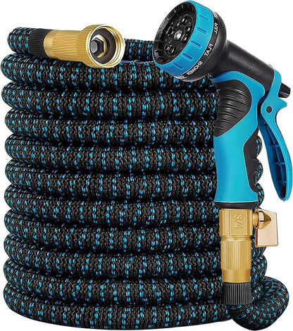 100 ft Expandable Garden Hose with 10 Function Nozzle Sprayer, Lightweight & No-Kink Flexible Water Hose with Durable Latex Core & Solid Brass Fittings, 100ft Retractable Stretch Hose, Black & Blue