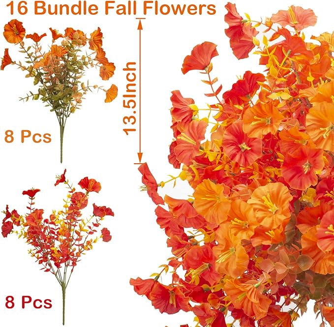 16 Bundles Artificial Fall Flowers No Fade Faux Autumn Plants, Fake Indoor Outdoor Greenery for Thanksgiving Table Centerpiece Christmas Wedding Party Home Garden Fireplace Décor
