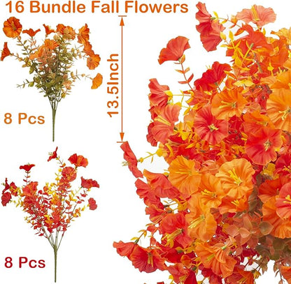 16 Bundles Artificial Fall Flowers No Fade Faux Autumn Plants, Fake Indoor Outdoor Greenery for Thanksgiving Table Centerpiece Christmas Wedding Party Home Garden Fireplace Décor