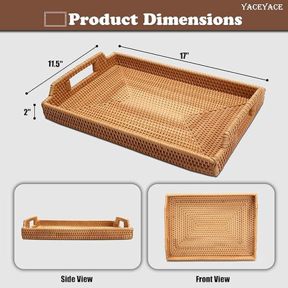 Large Rattan Tray, YACEYACE Hand-Woven Rattan Trays with Handles Bulk, Large Serving Tray for Home, Party, Ottoman, Coffee Table, 17" H x 11.5" L x 2" W