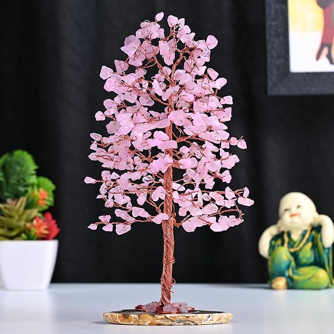 "Rose Quartz Gemstone Tree of LifeNatural Reiki Crystals Gemstone Chakra Tree for Positive Energy, Geode Agate Slice Base, Feng Shui Decor, Good Luck Money Bonsai, Healing Stones, Spiritual Gift"