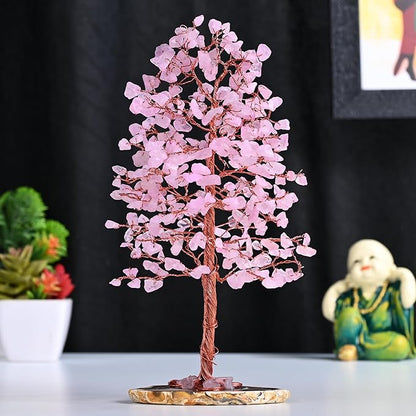 "Rose Quartz Gemstone Tree of LifeNatural Reiki Crystals Gemstone Chakra Tree for Positive Energy, Geode Agate Slice Base, Feng Shui Decor, Good Luck Money Bonsai, Healing Stones, Spiritual Gift"