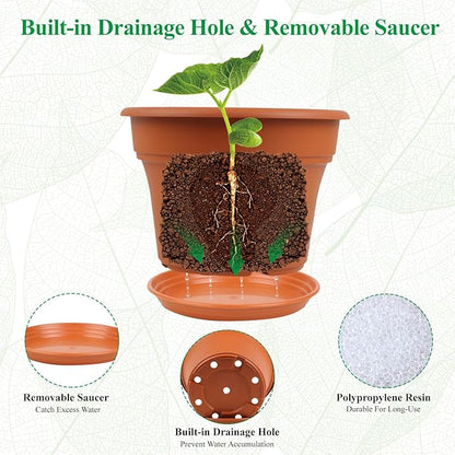 10 Inch Plastic-Flower-Pot-for-Indoor-Plants, 4 Pack Large Outdoor Planter Pot with Drainage Holes & Saucers, Resin Decorative Garden Pots Planters