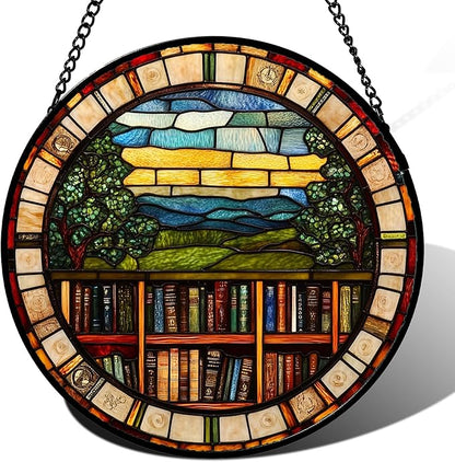 Stained Glass Window Hanging Retro Books Scenery 6.3" - Abstract Suncatcher Door Garden Sun Catcher Home Decor Birthday Christmas for Mom Men Woman Nana Friend Wife