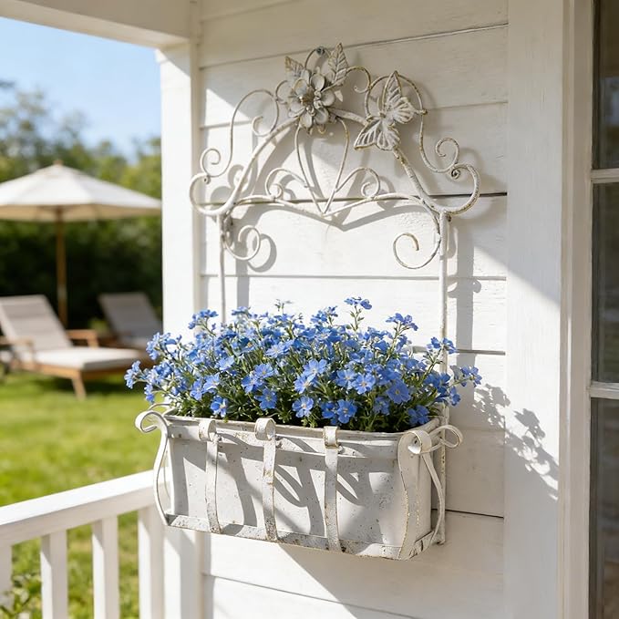 Rustic Metal Wall Planter Vintage Wall Mounted Flower Pot Farmhouse Distressed Wall Hanging Plant Basket with Floral & Butterfly Decor for Indoor Outdoor Garden Home Yard (White#2)