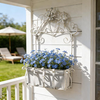 Rustic Metal Wall Planter Vintage Wall Mounted Flower Pot Farmhouse Distressed Wall Hanging Plant Basket with Floral & Butterfly Decor for Indoor Outdoor Garden Home Yard (White#2)