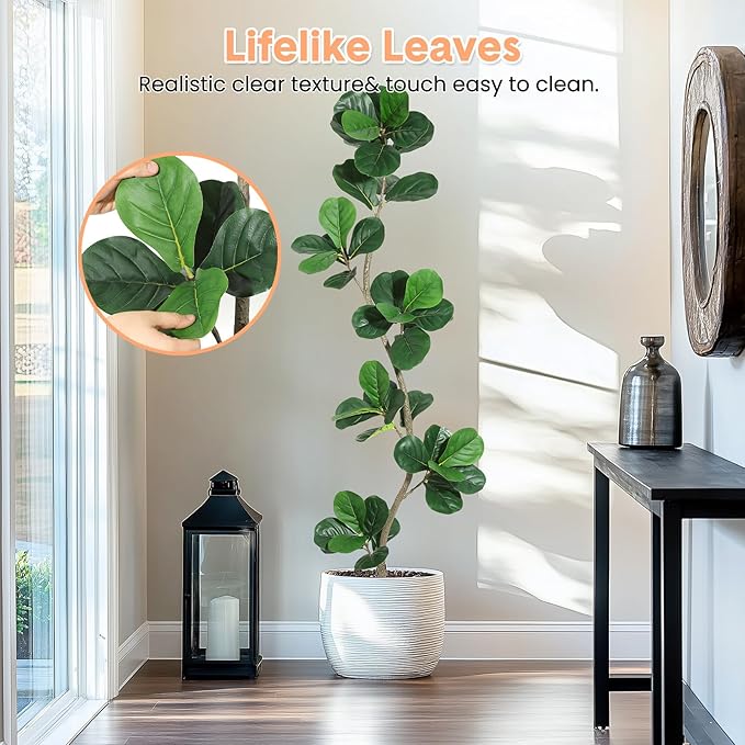 Artificial Fiddle Leaf Fig Tree, 6ft Fake Plants with Black Nursery Planter, Artificial Trees for Home Decor Indoor