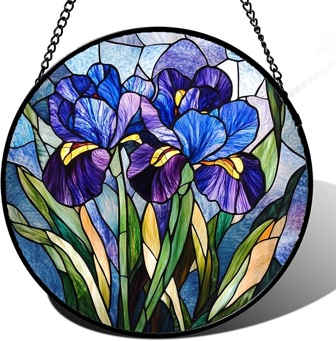 Stained Glass Window Hanging - Blue Purple Iris Flower Suncatcher for Door Garden Patio Sun Catchers Decor Christmas Mother's Day Birthday Gifts for Women Men Mom Nana Aunt Friend 11.8 in