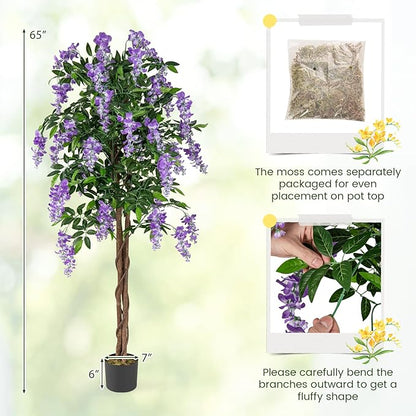 Goplus 5.5FT Ficus Artificial Tree, 2 Pack Faux Wisteria Tree in Nursery Pot with Blooming Flowers, Fake Potted Tree Greenery Floor Plant for Indoor Home Office Porch Living Room Decor