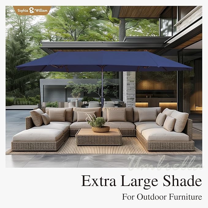 Sophia & William Patio Table and Chairs Set with Umbrella 8 Piece Outdoor Dining Set for 6 with 13ft Double-Sided Patio Navy Umbrella, 6 x Swivel Patio Chairs, 1 Metal Table for Lawn Garden