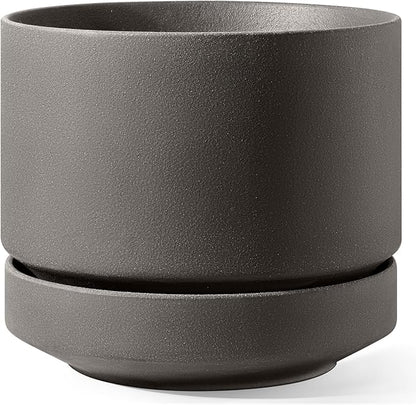 LE TAUCI 14 Inch Large Plant Pot with Saucer, Ceramic Outdoor & Indoor Big Planter with Drainage Hole, Mesh Pad & Plug Included, Unglazed Porous, Modern for Home and Patio, Charcoal Gray