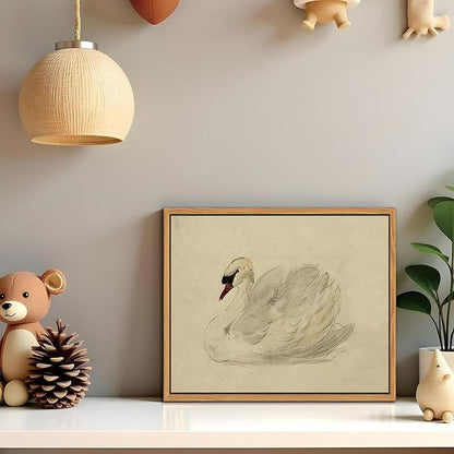 Floating Framed Vintage Wall Art Decor, Classical Swan Canvas Wall Prints, Rustic Sketch Watercolor Swan Poster Picture for Living Room Kitchen Bedroom Bathroom Farmhouse Decor 12x16 inch