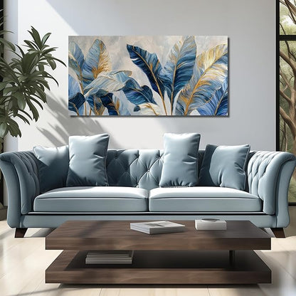 JuhaiArt White Banana Leaf Prints Bedroom Blue Canvas Art Botanical Gold Wall Artwork for Living Room Office 29" x 59"