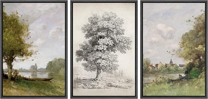 Ashbrook Framed Canvas Print Wall Art Set Forest Tree Field Nature Wilderness Illustration Fine Art Decorative Floral Botanical Garden Vintage for Living Room, Bedroom, Office - 16"x24"x3 Black