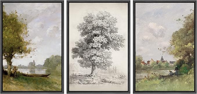 Ashbrook Framed Canvas Print Wall Art Set Forest Tree Field Nature Wilderness Illustration Fine Art Decorative Floral Botanical Garden Vintage for Living Room, Bedroom, Office - 24"x36"x3 Black