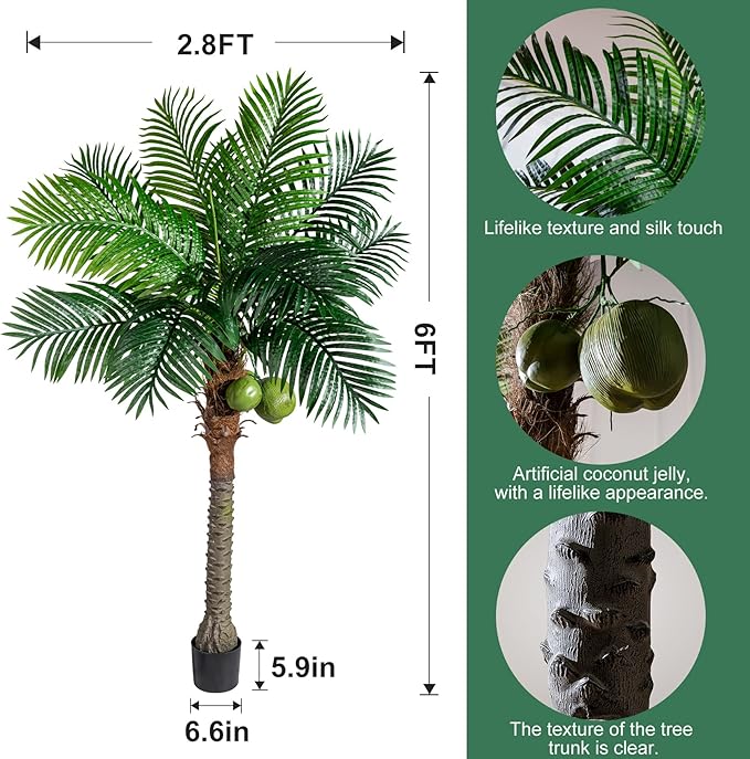 Artificial Phoenix Palm Tree 6ft Tall - Fake Large Tropical Tree with Adjustable Leaves, Realistic Faux Sago Palm for Indoor Outdoor Decor, Patio, Poolside, Yard, Living Room, Office