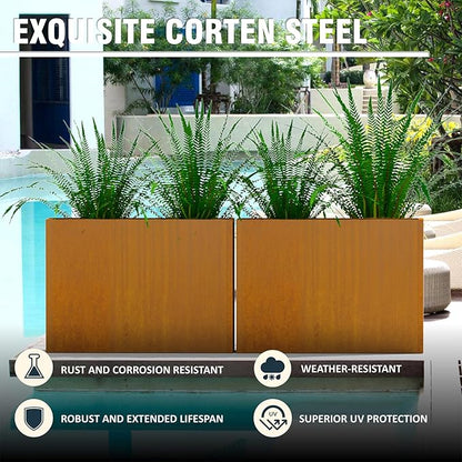 Modern Metal Planter Box 36" L x 9" W x 26" H – Rectangular Cor-Ten Steel Raised Garden Bed with Drainage Holes & Removable Shelf – Outdoor & Indoor Flower Planter for Patio, Yard & Porch