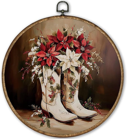 TLESKE Christmas Western Cowgirl Floral Round Wall Art Decor Framed 10x10, Preppy Cowgirl Boot Canvas Wall Art Prints Artwork, Winter Cowboy Hanging Wall Picture Room Decor for Bedroom Living Room