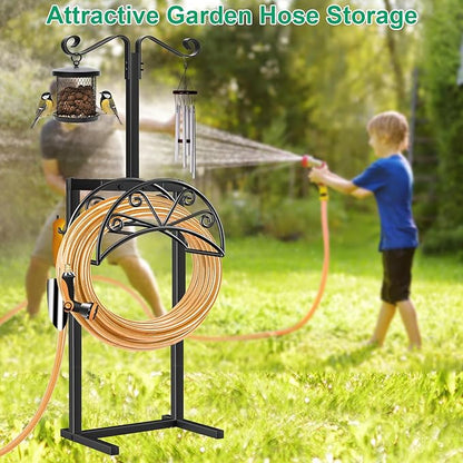 TomCare Garden Hose Holder with Shepherds Hooks Heavy Duty Water Hose Holder Holds 160 FT Hoses Freestanding Hose Reel with 2 Tool Hooks Stable Hoses Hanger Storage Stand for Outside Yard, Black