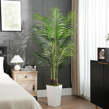 6ft Artificial Palm Tree with White Planter-Tall Artificial Indoor Plants, Fake Tropical Palm Tree, Faux Silk Plants for Home Office Living Room Bedroom Modern Decor
