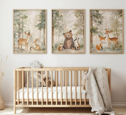 3Pcs Woodland Animal Nursery Canvas wall art Wild Animals Forest Paintings Pictures Wall Decor Fox Bear Deer Watercolor Poster Printing Artwork for Boys Room Girls Room Home Decoration Unframed
