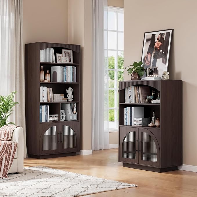 46" Bookshelf with Doors, Brown Bookcase with Glass Door, 3 Tier Small Bookshelf w/Deep Storage Cabinet and Adjustable Shelves, Wood Standing Mid Century Book Shelf for Home Office Kitchen