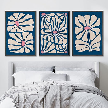 Ashbrook Framed Canvas Print Wall Art Set Mid-Century Modern Navy Blue Flowers Nature Wilderness Illustrations Modern Art Floral Botanical Minimal Calm/Relax/Cozy for Bedroom - 24"x36"x3 Black